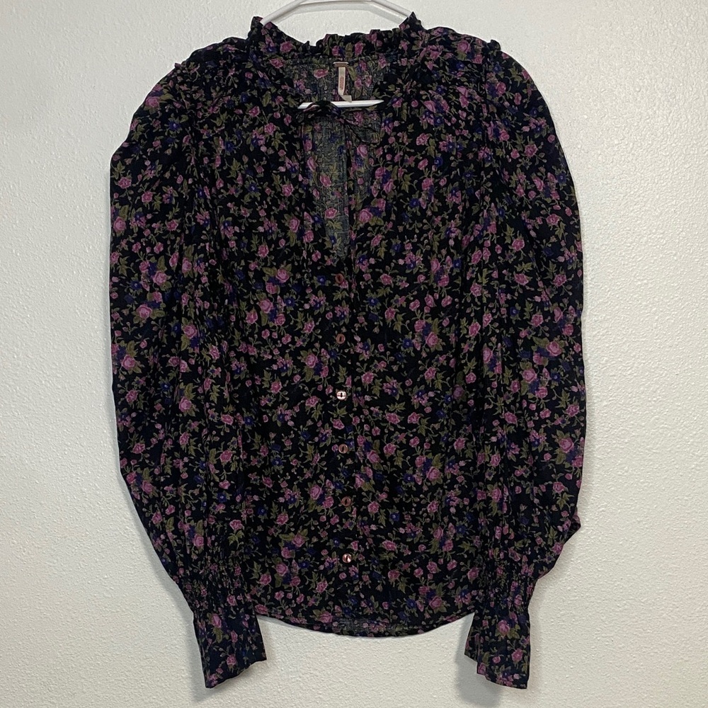Free People Black and Purple Floral Blouse  Size S 100% Cotton - Picture 3 of 15